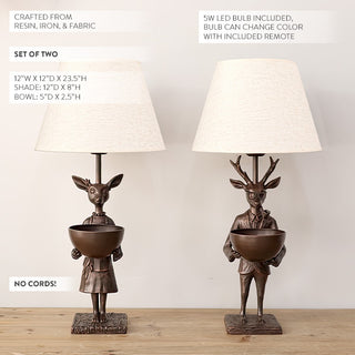 Set of two bronze deer lamps with beige fabric shades, cordless LED bulbs, and decorative bowls, shown against a plain background with size details