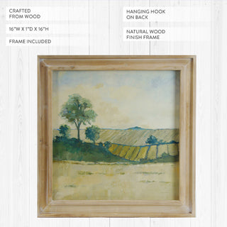 16x16 square pastoral landscape artwork in natural wood frame showing rolling fields trees and sky with hanging hook on back