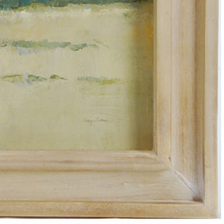 Detail view of natural wood frame corner showing craftsmanship and light wood finish on framed landscape art