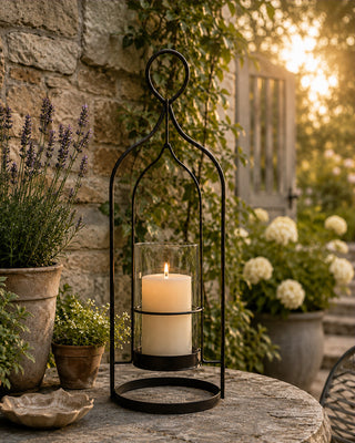 Vintage Inspired Scrolled Metal Lantern with Glass Hurricane 21 Inch