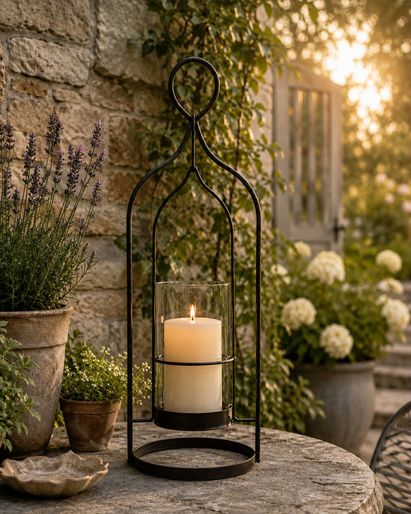 Vintage Inspired Scrolled Metal Lantern with Glass Hurricane 21 Inch