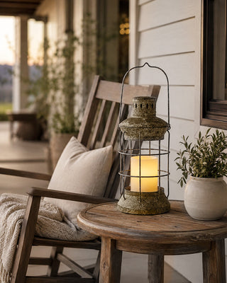 Distressed Metal Hanging Lantern with Handle - Classic Candle Holder