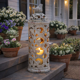 Lattice Cutout Round Concrete Bird Candle Lantern