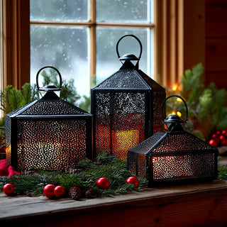 Set of three black iron decorative lanterns with glowing candles displayed on a wooden table with Christmas greenery and ornaments by a snowy window