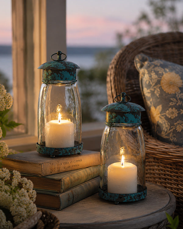 Quart Mason Jar Lantern Green Antique Finish, Set of 2