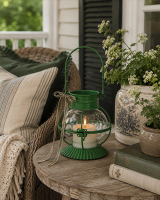 Outdoor/Indoor Green Glass Metal Candle Lantern