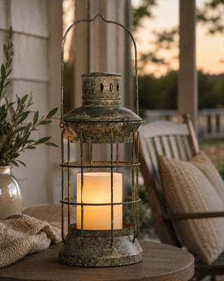 Distressed Metal Hanging Lantern with Handle - Classic Candle Holder