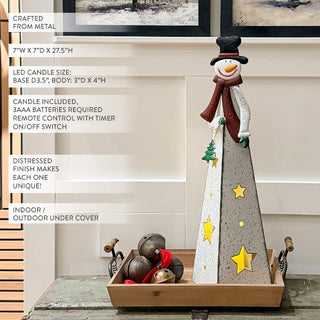 28 Inch Tall LED Metal Pyramid Snowman Lantern with Star Cutouts