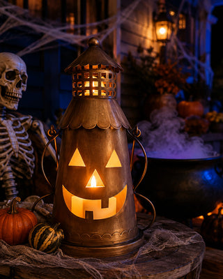 Aged Metal Open-Top Candle Lantern with Handle, 13 Inches