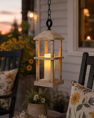 Wood Candle Lantern with Cast Iron Hook 15 Inch Rustic Farmhouse Decor