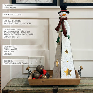 28 Inch Tall LED Metal Pyramid Snowman Lantern with Star Cutouts