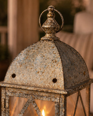 Vintage Inspired Speckled Blue Glass Metal Lantern 16 Inch
