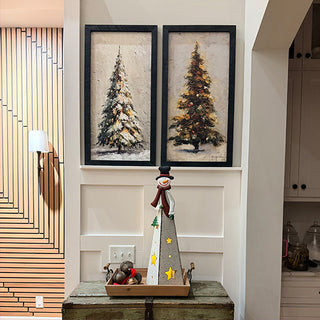 28 Inch Tall LED Metal Pyramid Snowman Lantern with Star Cutouts