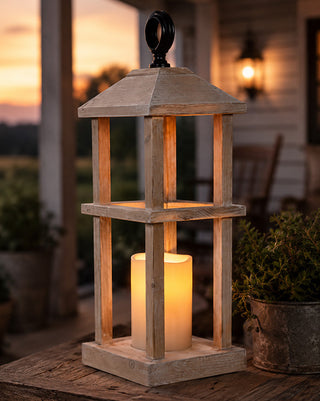 Wood Candle Lantern with Cast Iron Hook 15 Inch Rustic Farmhouse Decor