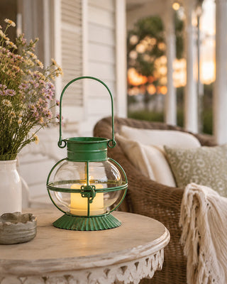 Outdoor/Indoor Green Glass Metal Candle Lantern