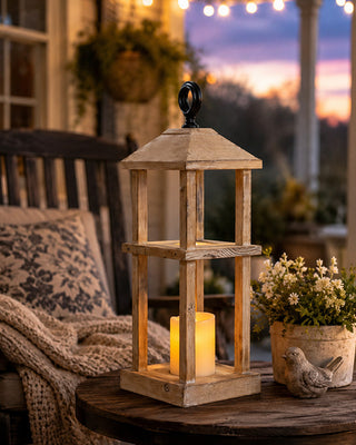 Wood Candle Lantern with Cast Iron Hook 15 Inch Rustic Farmhouse Decor