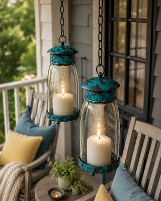 Quart Mason Jar Lantern Green Antique Finish, Set of 2