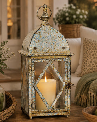 Vintage Inspired Speckled Blue Glass Metal Lantern 16 Inch