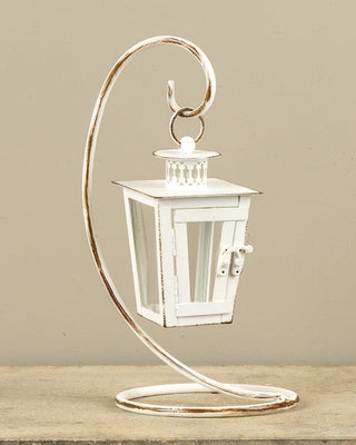 Vintage-Style Distressed White Hanging Lantern with Curved Metal Stand