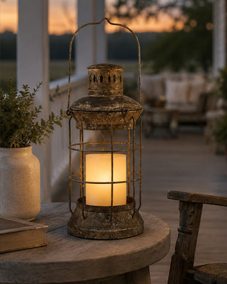 Distressed Metal Hanging Lantern with Handle - Classic Candle Holder