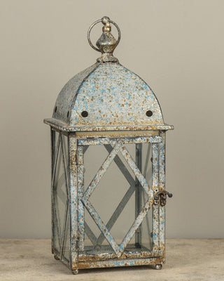 Vintage Inspired Speckled Blue Glass Metal Lantern 16 Inch