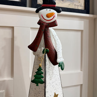 28 Inch Tall LED Metal Pyramid Snowman Lantern with Star Cutouts