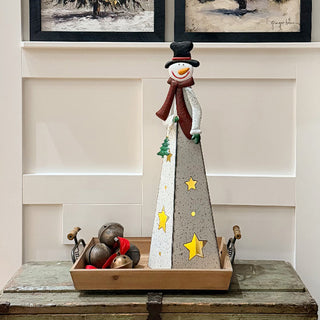 28 Inch Tall LED Metal Pyramid Snowman Lantern with Star Cutouts