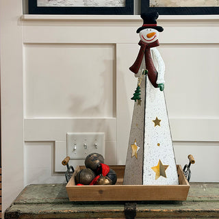 28 Inch Tall LED Metal Pyramid Snowman Lantern with Star Cutouts