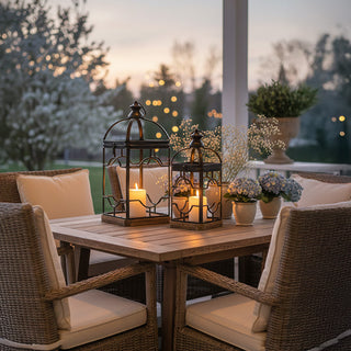 Set of 2 black metal and wood decorative lanterns with glass panels and lit candles on outdoor patio table at sunset