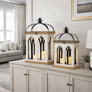Rustic wood and metal lanterns with LED candles