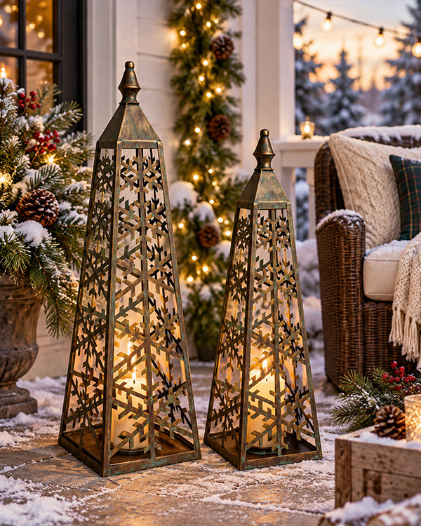 Aged Bronze Snowflake-Pierced Obelisk Lanterns, Set of 2