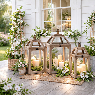 Natural Wood and Glass Lantern, Set of Three | Indoor/Outdoor Farmhouse Charm