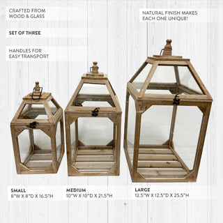 Natural Wood and Glass Lantern, Set of Three | Indoor/Outdoor Farmhouse Charm