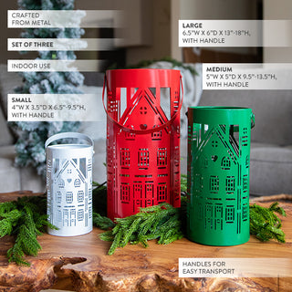 Christmas Village Cutout Metal Lantern with Handles, Set 3