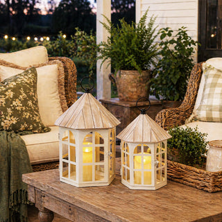 White Cottage Lantern Set of 2 with Wood Tops