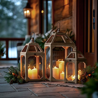 Natural Wood and Glass Lantern, Set of Three | Indoor/Outdoor Farmhouse Charm