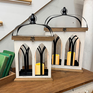 White wood lanterns with black metal handles