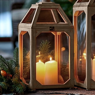 Farmhouse wood lantern with candle close up