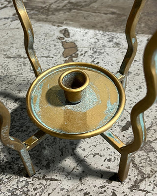 Sculptural Wavy Distressed Gold Metal Taper Candleholders, Set of 3
