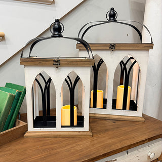 Rustic Cathedral Window Wood Lanterns, Set of 2