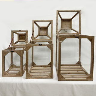 Set of three wooden lanterns open display