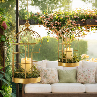 Open Cage Gold Metal Lantern - Set of 2
