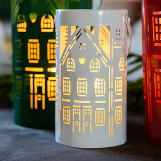 Christmas Village Cutout Metal Lantern with Handles, Set 3