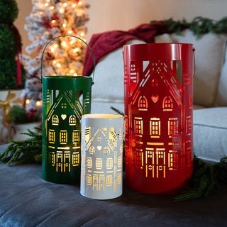 Christmas Village Cutout Metal Lantern with Handles, Set 3