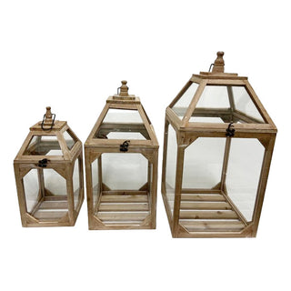 Natural Wood and Glass Lantern, Set of Three | Indoor/Outdoor Farmhouse Charm