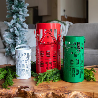 Christmas Village Cutout Metal Lantern with Handles, Set 3