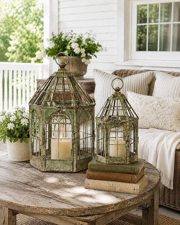 Aged Green Distressed Metal Birdcage Lanterns, Set of 2