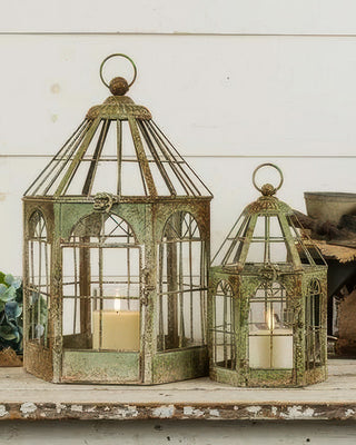 Aged Green Distressed Metal Birdcage Lanterns, Set of 2