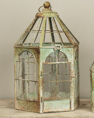 Aged Green Distressed Metal Birdcage Lanterns, Set of 2