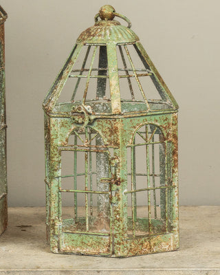 Aged Green Distressed Metal Birdcage Lanterns, Set of 2